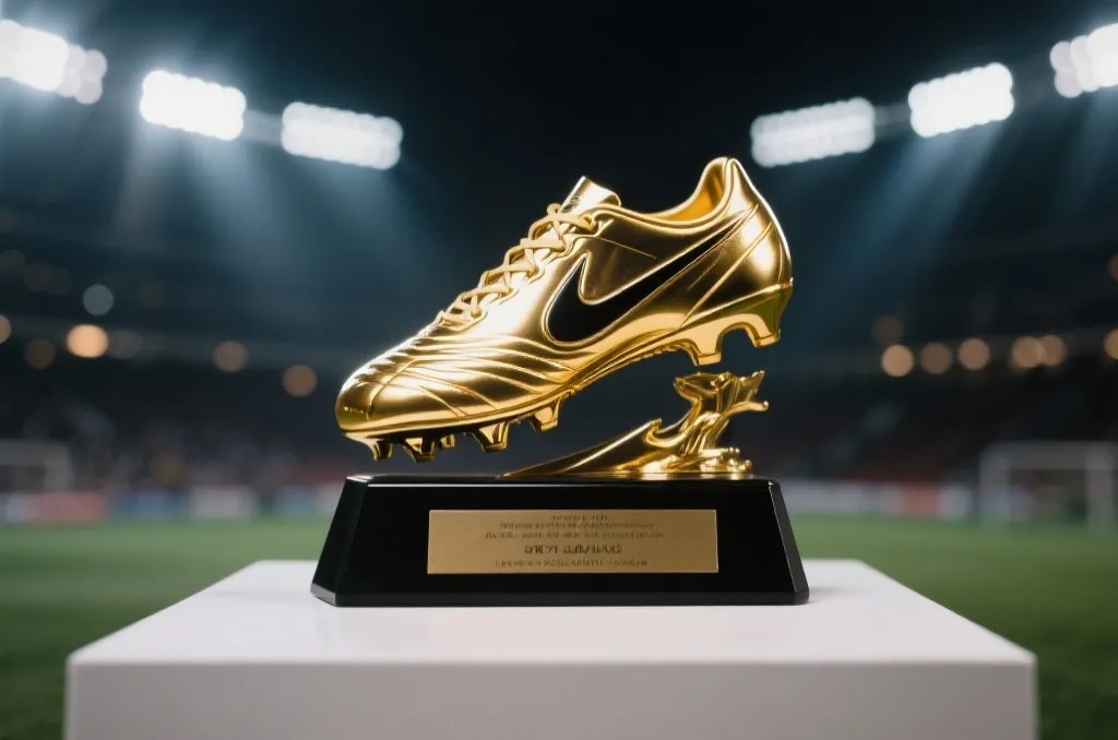 A golden boot trophy shining under stadium lights on a presentation stand