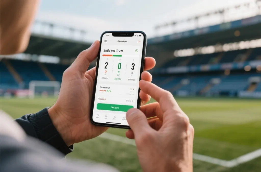 Close up of smartphone displaying professional sports live scores with blurred stadium background