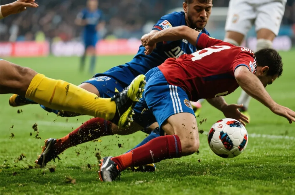 足球比赛中紧张的防守对抗瞬间