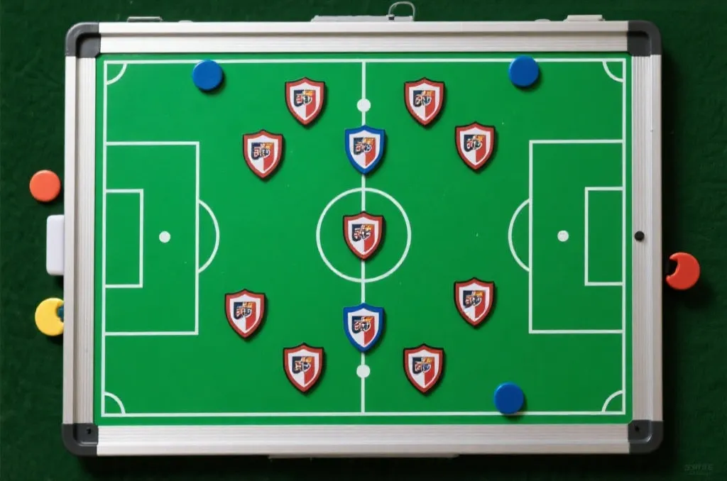 Generic green soccer pitch tactical board with magnetic shield icons and defensive formation lines